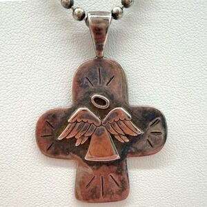 CCH 925 Sterling Silver Angel Cross Pendant Necklace Oxidized Southwest Style